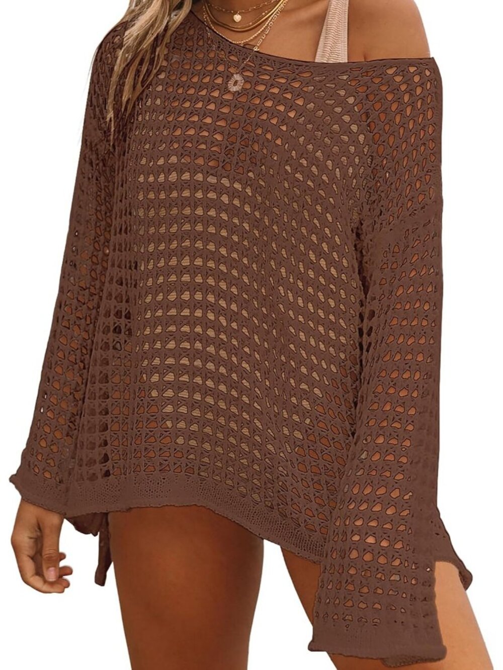 Women's Brown Acrylic Crochet Cover Up Swim Bathing Suit Cover Up Long Sleeves